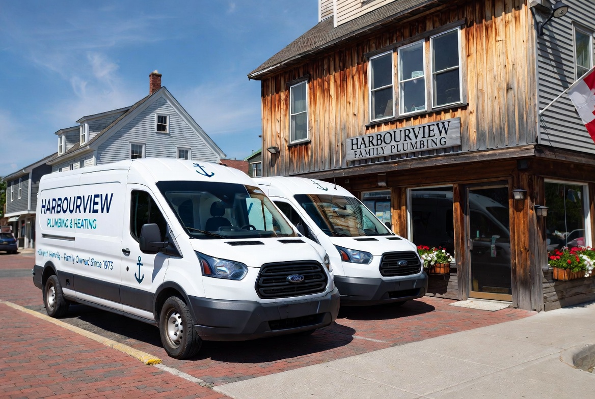 Two wrapped Harbourview Family Plumbing white Ford Transit vans parked outside the historic Summerside shop